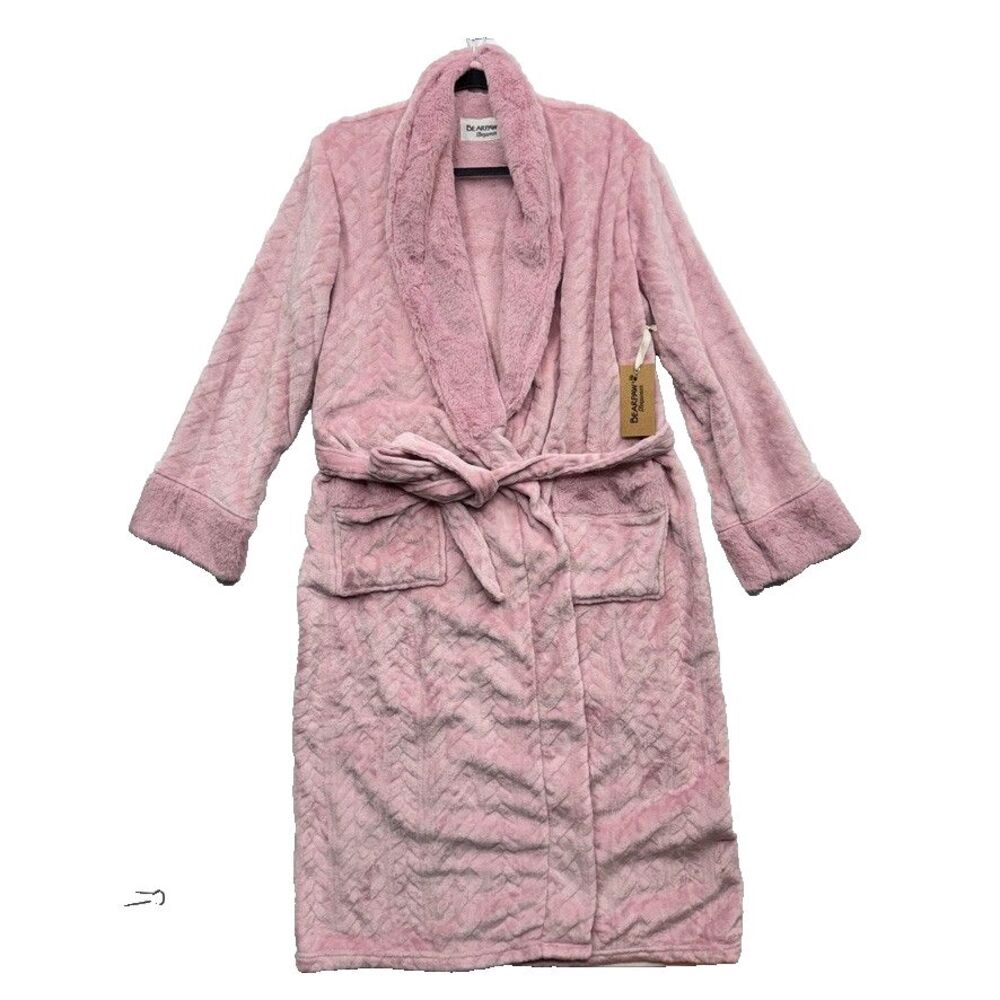 Bearpaw Sleepwear Womens M Pink Plush Chevron Hooded Robe Belted NWT